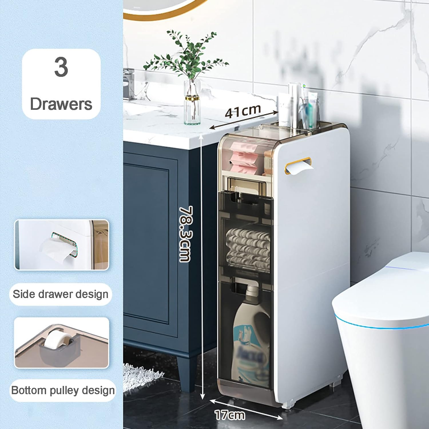 (3 Layer) Narrow Slot Storage Cabinet, Toilet Slot Rack, Bathroom Drawer Organizer, Ultra Narrow Lockers, Kitchen Organization (White)
