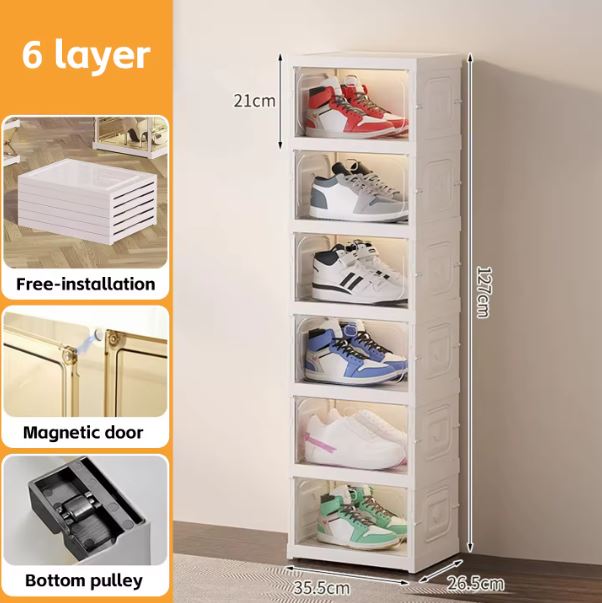 (6 Layer) Plastic Foldable Sneaker Storage Box, Magnetic Clear Door Shoe Organizer Box Moisture-proof Shoe Rack Box