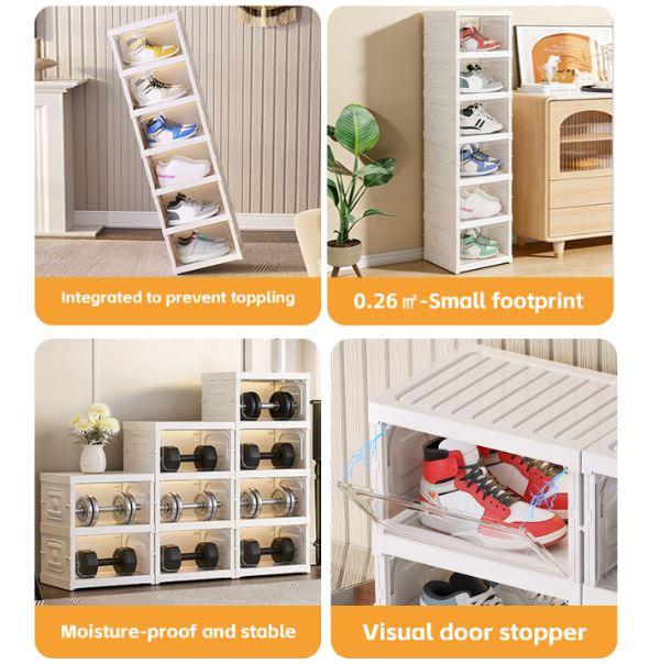 (6 Layer) Plastic Foldable Sneaker Storage Box, Magnetic Clear Door Shoe Organizer Box Moisture-proof Shoe Rack Box