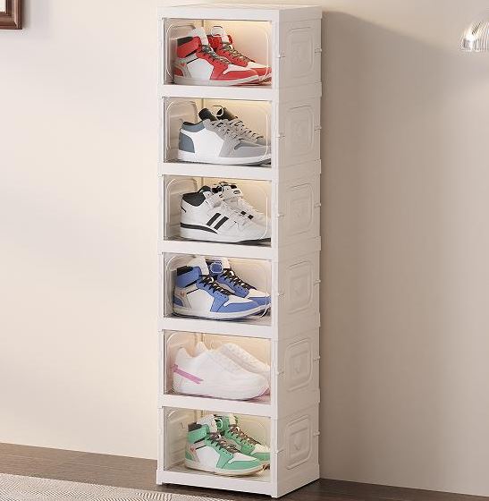(6 Layer) Plastic Foldable Sneaker Storage Box, Magnetic Clear Door Shoe Organizer Box Moisture-proof Shoe Rack Box